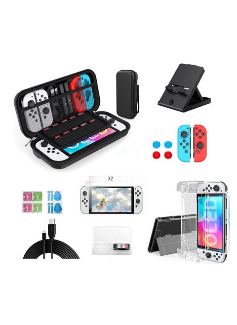 14 in 1 Carry Case for Nintendo Switch Sports, Switch Console Accessories, Portable Travel Carry Case Include Screen Protector & TPU Clear Soft Case & Data Cable & Adjustable Stand, Black