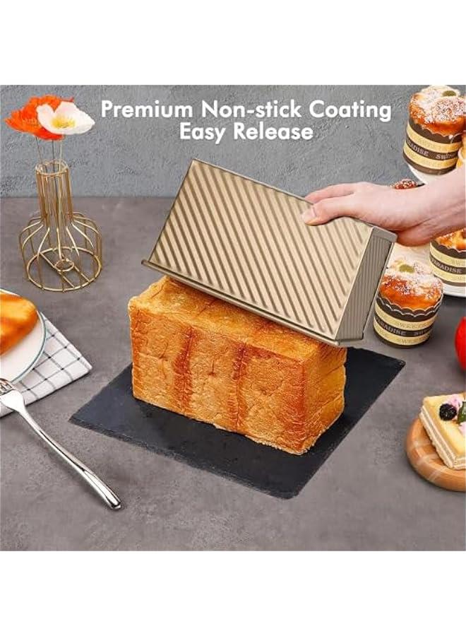 هوكور اي بين صينية رغيف مع غطاء، قطعتان من صواني الخبز السوداء غير اللاصقة للخبز المنزلي 1 باوند، صندوق خبز من الستيل الكربوني مع غطاء لاواني الخبز والخبز المحمص والخبز في الفرن (ذهبي)، صلب كربون - Image 3