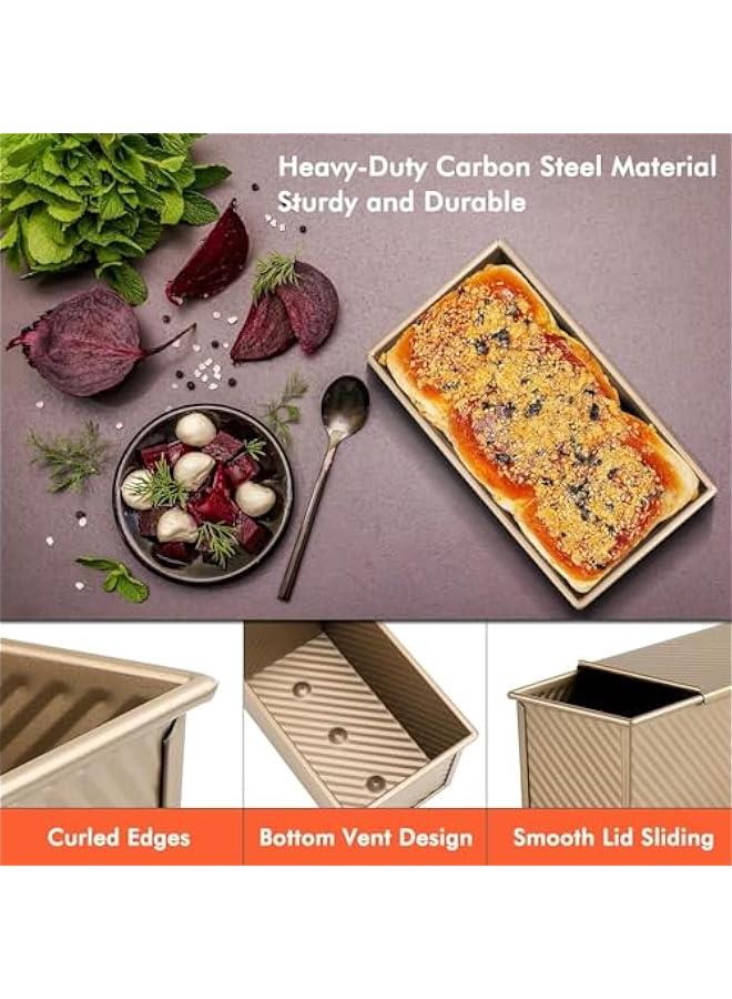 هوكور اي بين صينية رغيف مع غطاء، قطعتان من صواني الخبز السوداء غير اللاصقة للخبز المنزلي 1 باوند، صندوق خبز من الستيل الكربوني مع غطاء لاواني الخبز والخبز المحمص والخبز في الفرن (ذهبي)، صلب كربون - Image 4