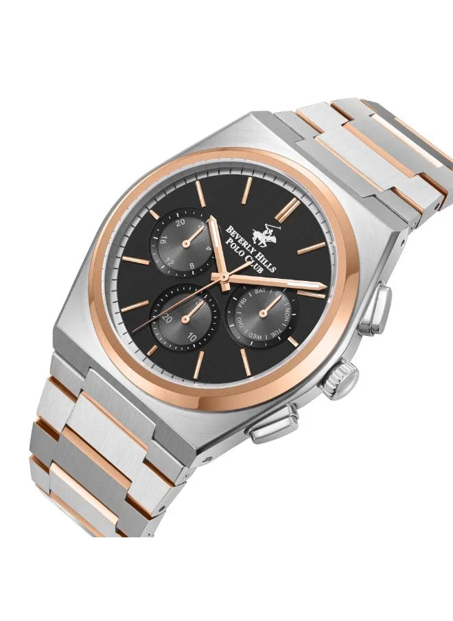 بيفرلي هيلز بولو كلوب BEVERLY HILLS POLO CLUB BP3381X.550 Men's Multi Function Display Watch & Metal Strap Silver/Rose Gold