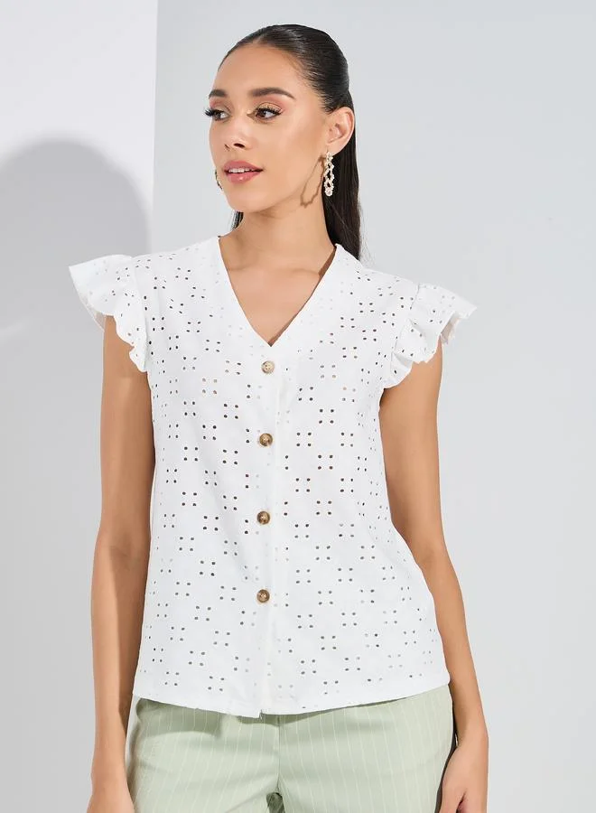 ستايلي V Neck Buttoned Schiffli Top with Ruffled Sleeves