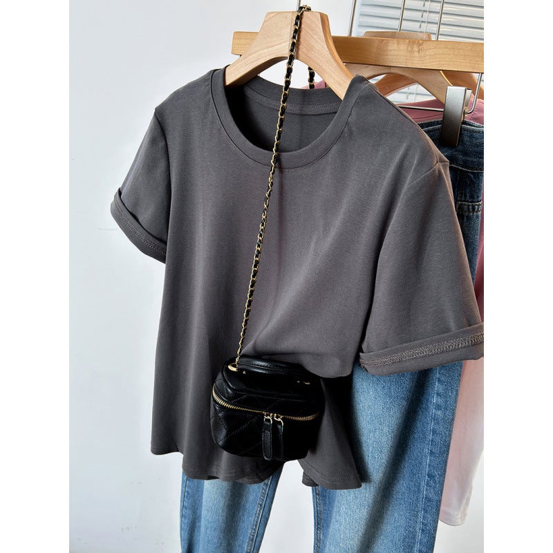 4 F093 2024 Chubby Girl Plus Size Joker Chic Design Hemming Sleeve Shoulder Short Sleeve T-Shirt - Image 1