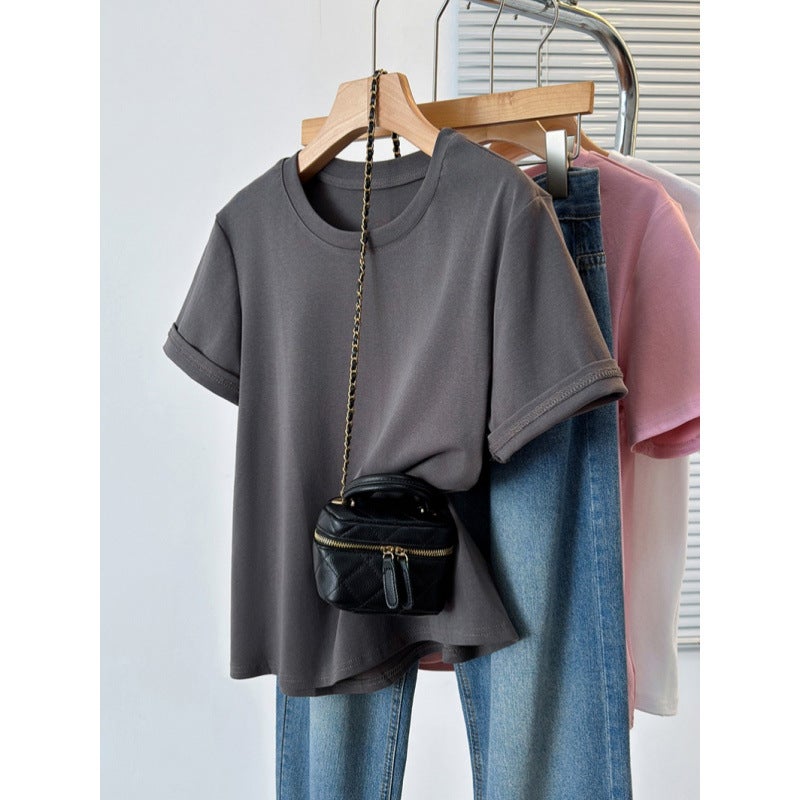 4 F093 2024 Chubby Girl Plus Size Joker Chic Design Hemming Sleeve Shoulder Short Sleeve T-Shirt - Image 4