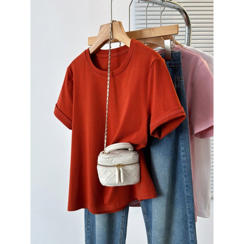 4 F093 2024 Chubby Girl Plus Size Joker Chic Design Hemming Sleeve Shoulder Short Sleeve T-Shirt - Image 2