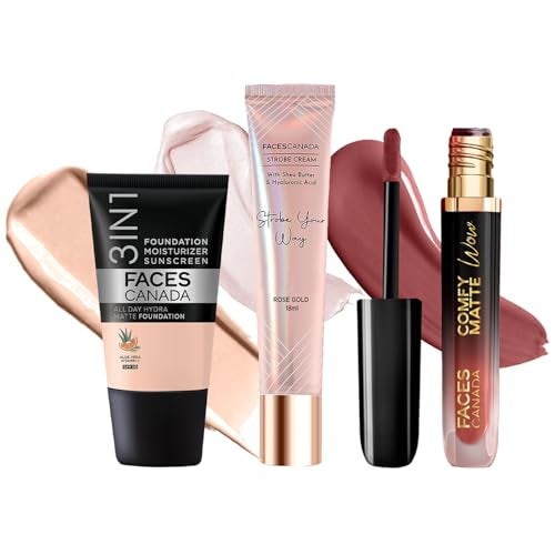 Facescanada FACES CANADA Celeb Glow Combo |Strobe Cream - Rose Gold, 18ml + Hydra Matte Foundation - Rose Ivory, 18ml + Comfy Matte Wow - Choco Couture, 3.8ml | Highlighter | Highly Pigmented | Pack of 3 - Image 1