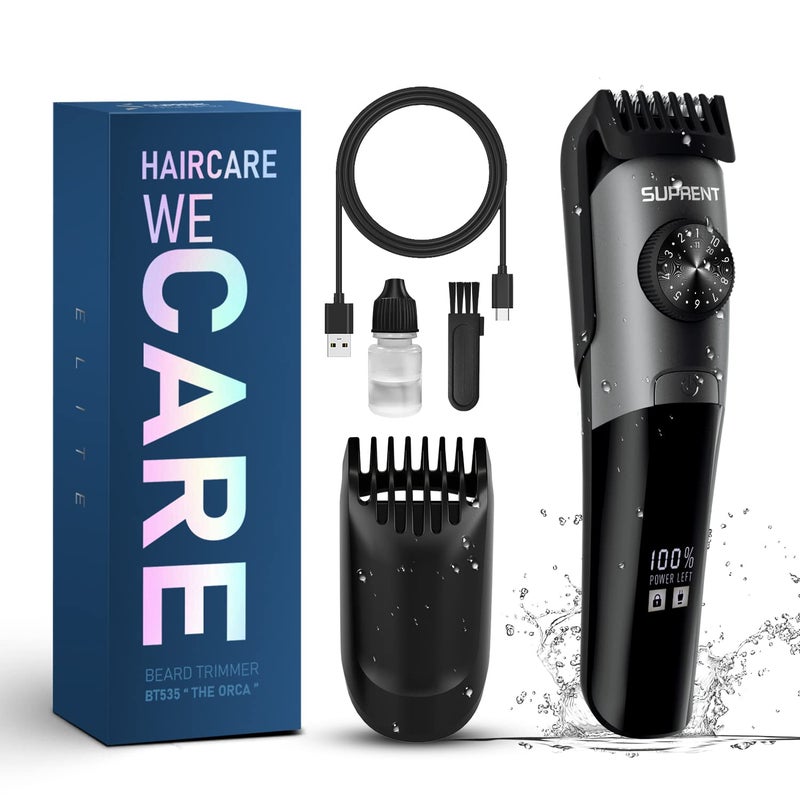 SUPRENT Beard Trimmer for Men Waterproof IPX7 Professional Mustache Trimmer 39 Builtin Adjustable Precise Lengths Cordless USB C Rechargeable LED Display