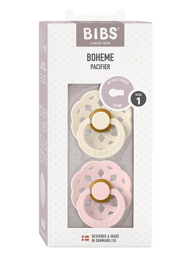 BIBS Baby Pacifier Boheme, Made with Natural Rubber Latex, Round Nipple, Mouth Skin Sensitive, Soft, Flexible, For Babies Aged Upto 6 Months, BPA-free, Ivory/ Blossom Colour, Pack of 2, Size 1