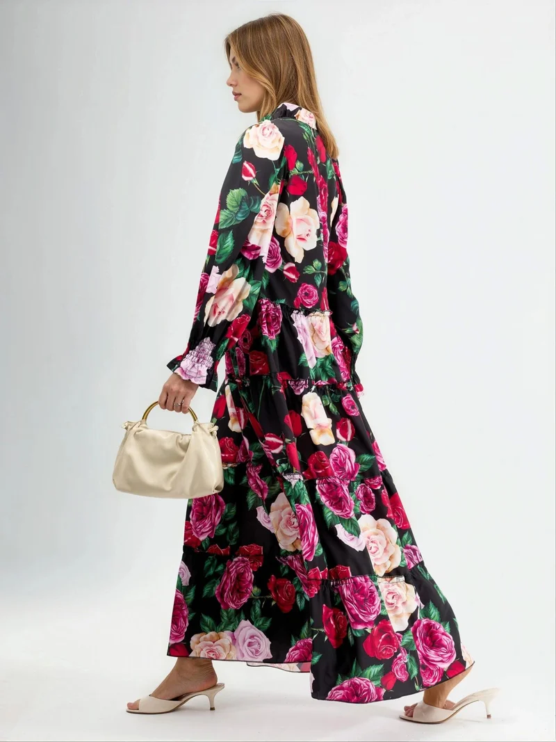 جينيفر Floral Crew Neck Maxi Dress