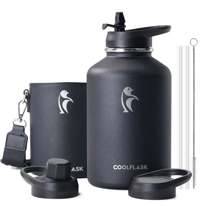 Coolflask 64 oz Water Bottle Insulated with PU Leather Sleeve Half Gallon Water Bottle Color Contrast with Straw Lids Stainless Steel Metal Large Water Jug Keep Cold 48h Hot 24hPolar Black