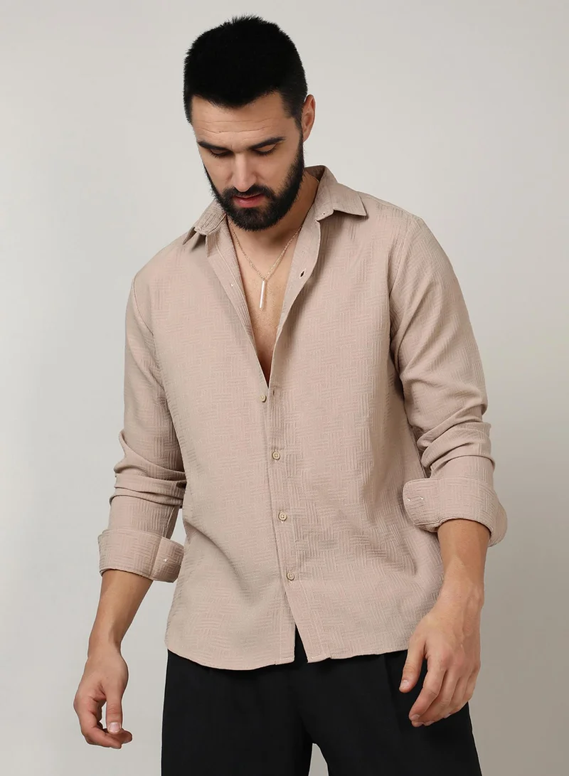 Campus Sutra Men's Beige Self-Design Intertwine Shirt For Casual Wear | Spread Collar | Long Sleeve | Button Closure | Shirt Crafted With Comfort Fit For Everyday Wear