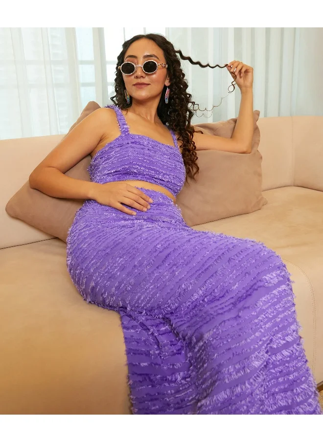 QISSA Women's Amethyst Purple Fringe Striped Co-Ord Set