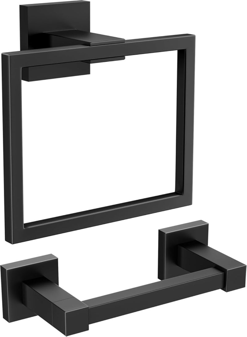 FORIOUS Toilet Paper Holder Towel Ring, Black Toilet Paper Holder & Square Towel Ring Wall Mount Bathroom Hardware 2 PCS, SUS304 Stainless Steel Hand Towel Holder Bath Accessories Tissue Roll Holder