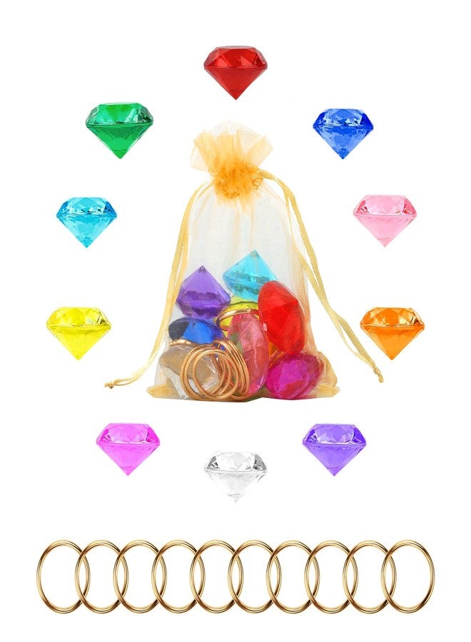 PEUTIER Chaos Emeralds and Rings Set, Include 10pcs Acrylic Crystal Diamond Gems with 10pcs Gold Power Rings Pirate Treasure Hunt Jewels for Kids Birthday Party Favor Supplies Cake Decoration - Image 1