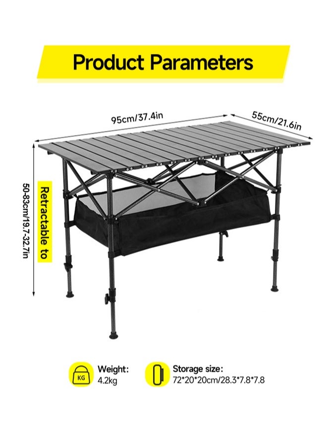 بشكل مختصر طاولة تخييم طاولة محمولة قابلة للطي 95x55x50 سم، طاولة نزهة، طاولة حقائب ظهر مع جيب تخزين مقاوم للماء، للشواء في الهواء الطلق، للطهي، للنزهات، للشاطئ - Image 2