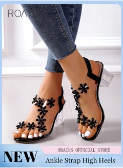 roaiss Women's Transparent Rhinestone Flower High Heels Women's Square Toe High Heel Sandals Women's Block Heel High Heels  - Image 1