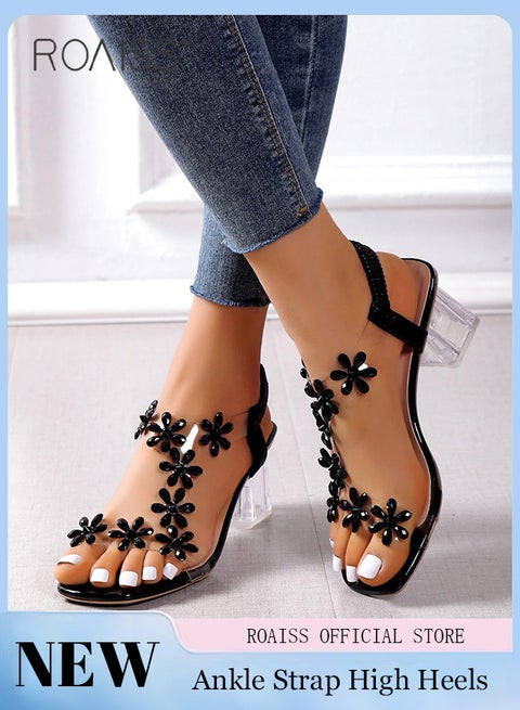 Women's Transparent Rhinestone Flower High Heels Women's Square Toe High Heel Sandals Women's Block Heel High Heels