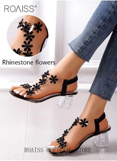 roaiss Women's Transparent Rhinestone Flower High Heels Women's Square Toe High Heel Sandals Women's Block Heel High Heels  - Image 3