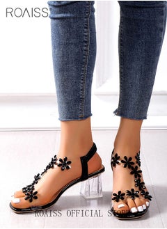 roaiss Women's Transparent Rhinestone Flower High Heels Women's Square Toe High Heel Sandals Women's Block Heel High Heels  - Image 2