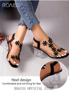 roaiss Women's Transparent Rhinestone Flower High Heels Women's Square Toe High Heel Sandals Women's Block Heel High Heels  - Image 5