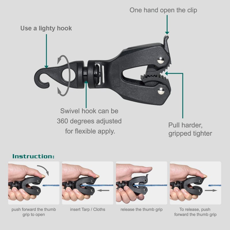 ORX PLUS TOOLS ORXPLUS TOOLS 2pcs ONE-HANDED TARP CLIPS with HOOK Tent Clips Awning Clamp Set Tent Clamps for Camping Canopies, Car Cover, Winter Boat Cover, Pool Cover, Sun Shade - Image 4