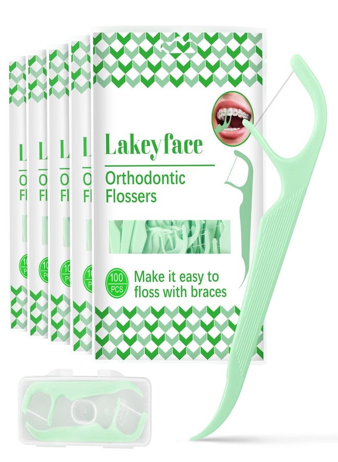 Lakeyface 500 Count Orthodontic Flossers for Braces with Floss Dispenser, Braces Flossers for Adults & Kids, Floss Picks for Brace Fits Under Arch Wire, No Break & No Shred Floss, 100 Count Bag (Pack of 5) - Image 1