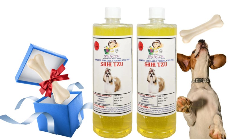 swacch Shampoo | Puppy Safe Shampoo | Shih Tzu Dog Shampoo (1 Litre) (Pack of 2) Lemon + Medium White Bone | Dog Chew Bones | Teething chew Toy | Dental Teething | Combo Pack - Image 1