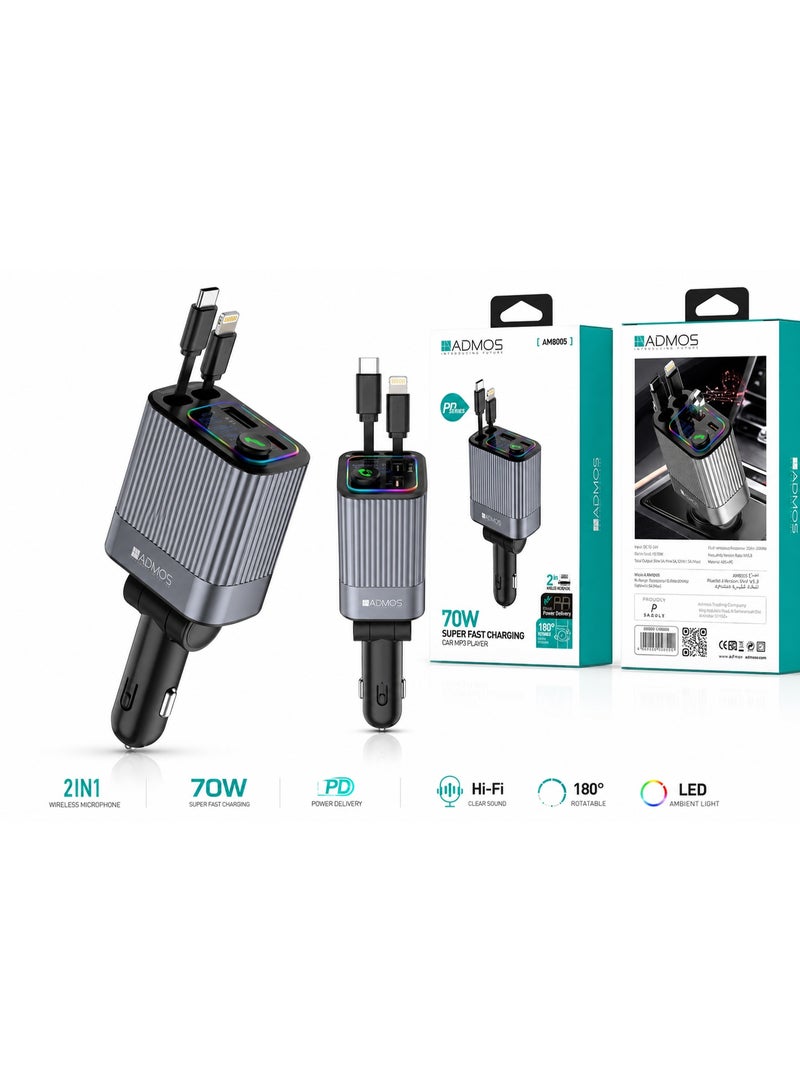 ADMOS AM8005 70W Car Charger with FM Player and PD Super Fast Charging - Image 1