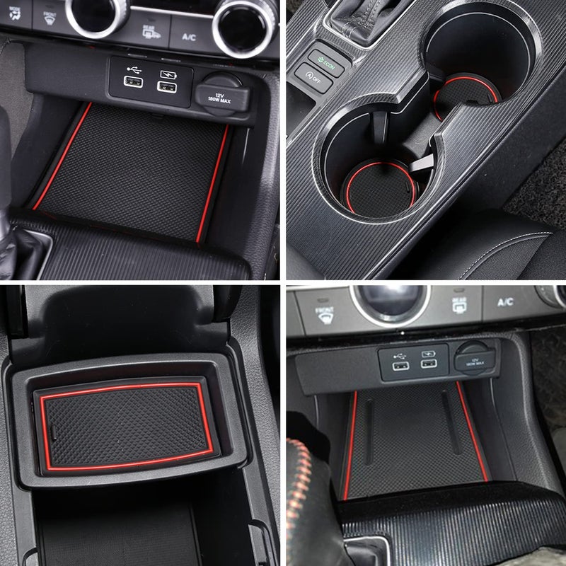 LOCOY Center Console Liner for Honda Civic 11th Gen Sedan Accessories 2022-2024 2025 2026, Cup Holder Mat, Coaster Trim, Door Slot Pad, Non-Slip Interior, Custom Rubber Decoration Insert (16pcs, Red) - Image 2