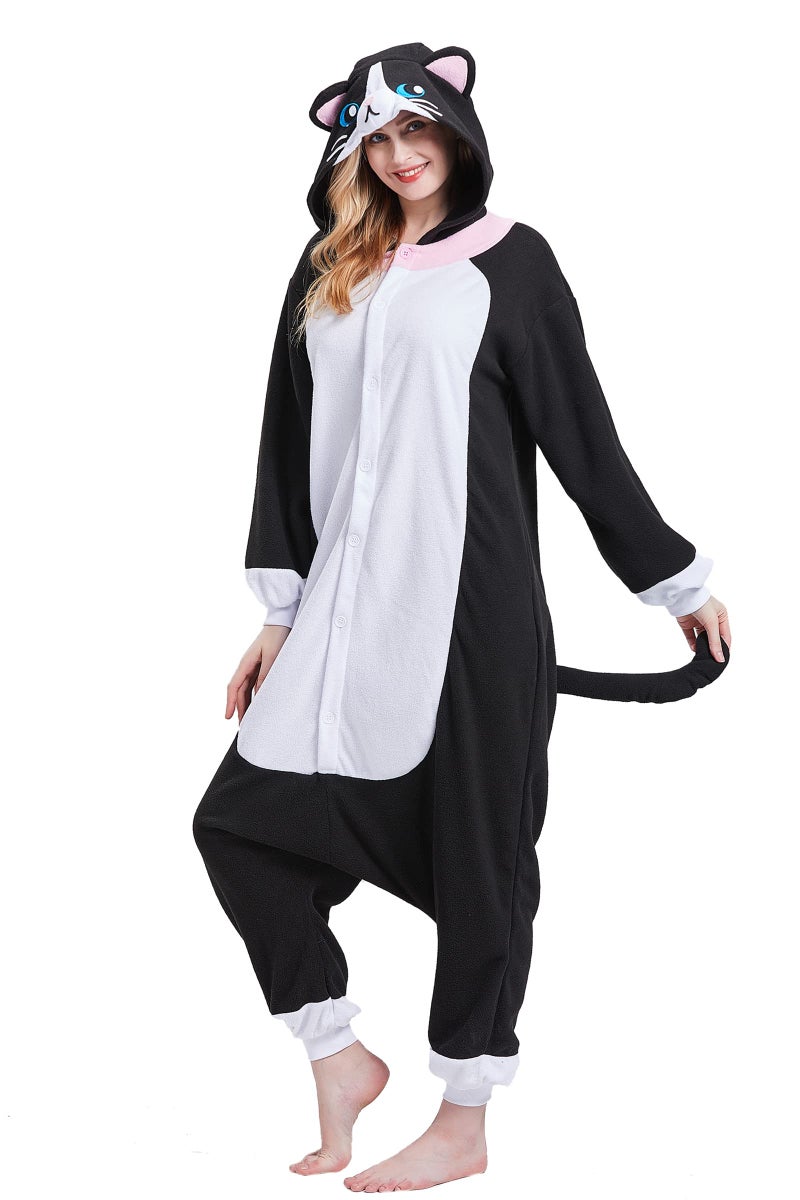 Magicalani Black Cat Onesie Adult Pajamas Unisex Halloween Animal Costume Sleepwear for Men Women Comfy Fun Cosplay Outfit