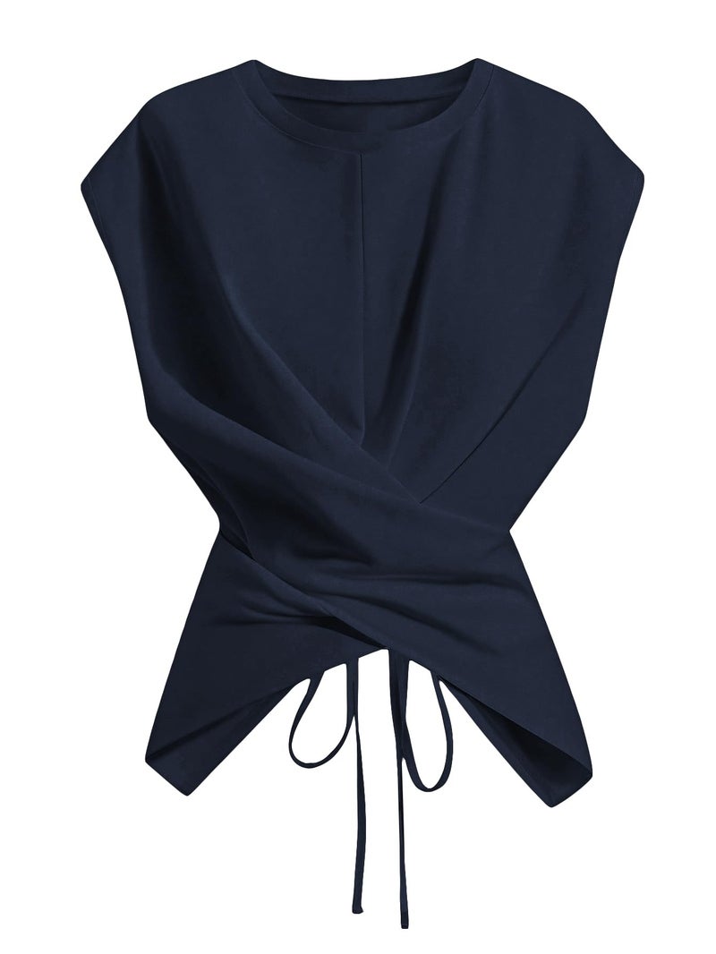 Verdusa Women's Cinched Waist Wrap Top Cap Sleeve Tie Back Going Out Workout Business Casual Tops Dark Blue Medium - Image 1