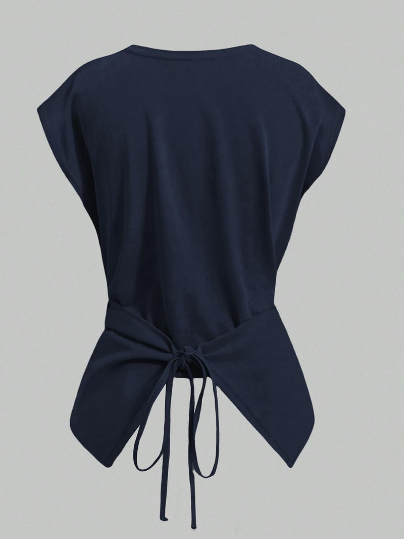 Verdusa Women's Cinched Waist Wrap Top Cap Sleeve Tie Back Going Out Workout Business Casual Tops Dark Blue Medium - Image 2