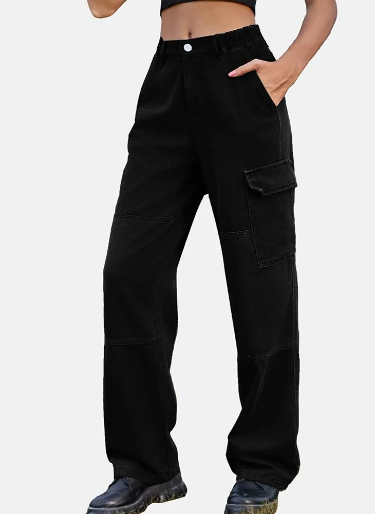 YUNIQEE Black Regular Fit Mid Rise Plain Cargo Pant