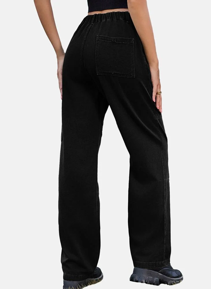 YUNIQEE Black Regular Fit Mid Rise Plain Cargo Pant
