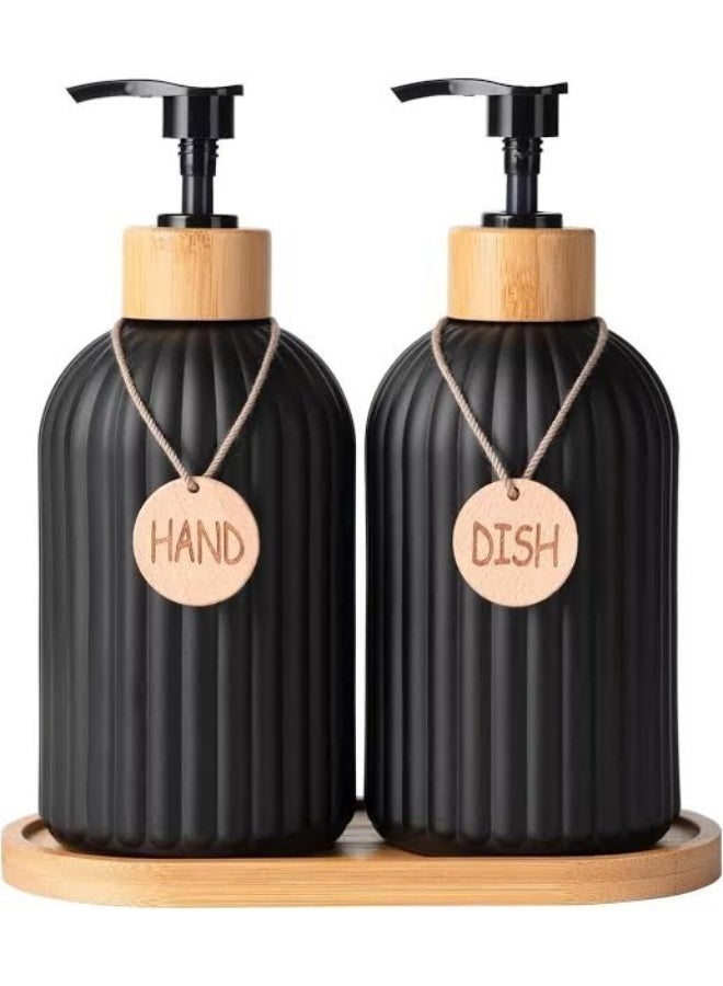 2 Pieces Hand Wash with Silicone Funnel Soap Dispenser for Bathroom and Kitchen Hand Wash - Pump Shower Gel - Pump Soap Dispenser Refill with Bamboo Wood Base for Hand Washing for Kitchen and Bathroom Sink - Image 1