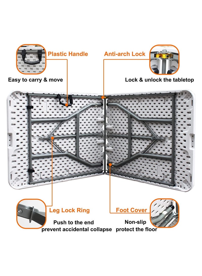 DubaiGallery طاولة بلاستيكية قابلة للطي بطول 6 أقدام، للاستخدام الداخلي والخارجي، محمولة ومتينة مع مقبض وقفل للنزهات والحفلات والتخييم - باللون الأبيض - Image 4