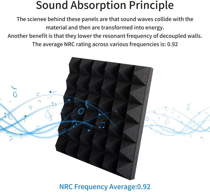 Device Of Urban Infotech ألواح رغوة الصوت الصوتية الهرمية لامتصاص الصوت عازلة للصوت عالية الكثافة للجدران، تقليل صدى الضوضاء (1 × 1 قدم (عبوة من 6، أسود) - Image 2
