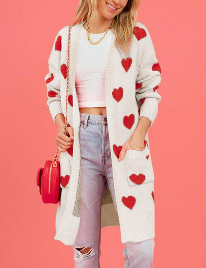 Yimoon Women Valentines Cardigan Sweater Love Heart Open Front Long Cardigan Oversized Chunky Knit Sweaters(Beige-L) - Image 2