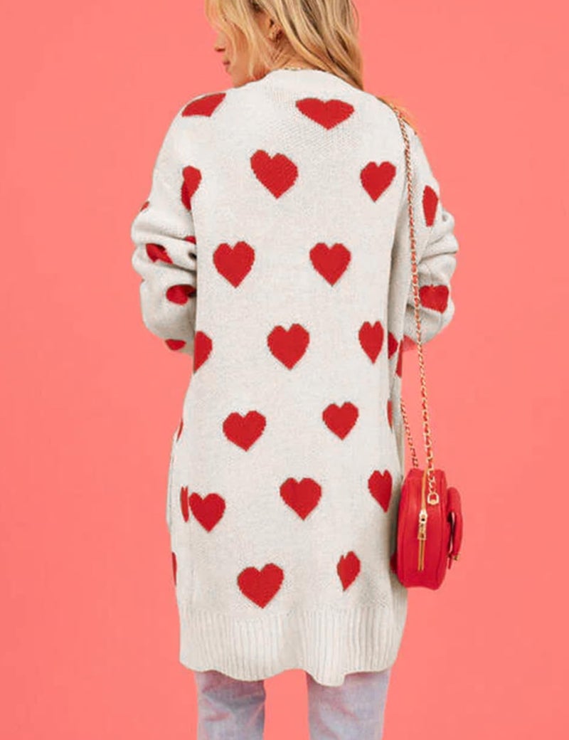 Yimoon Women Valentines Cardigan Sweater Love Heart Open Front Long Cardigan Oversized Chunky Knit Sweaters(Beige-L) - Image 4