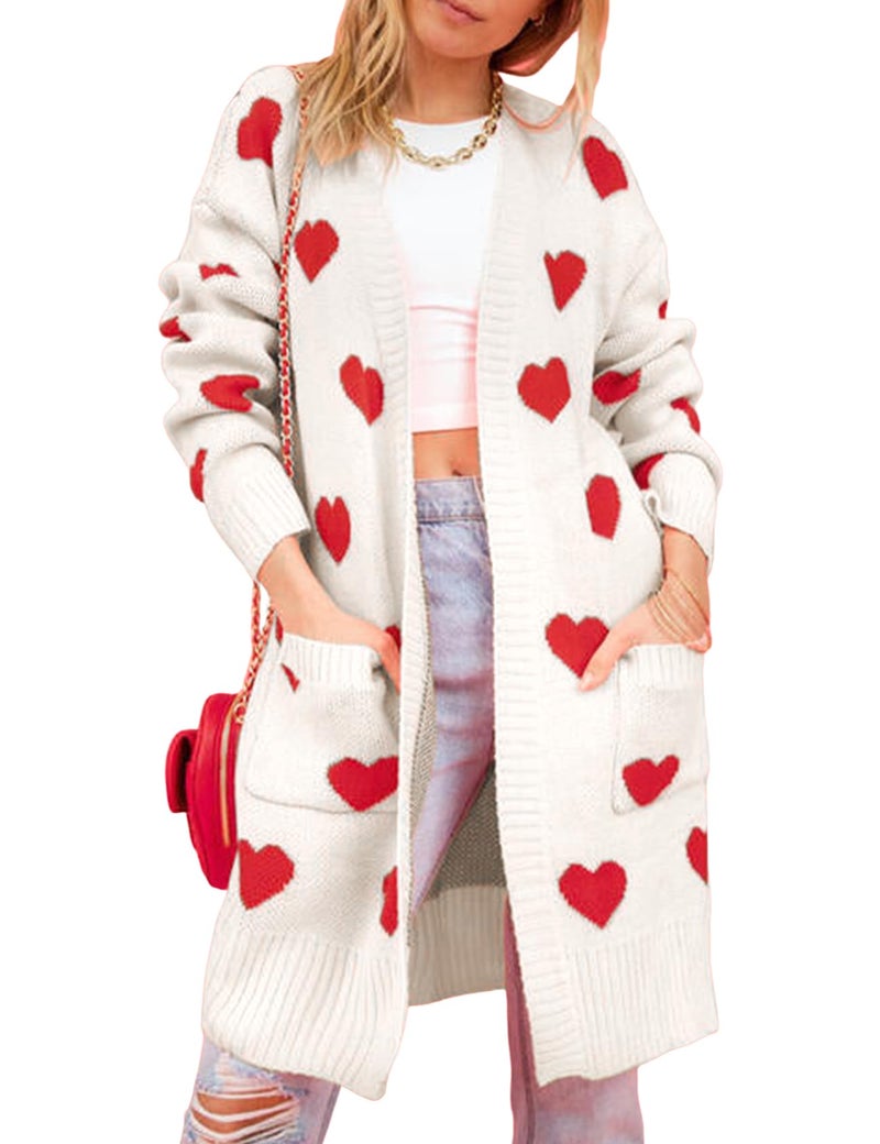 Yimoon Women Valentines Cardigan Sweater Love Heart Open Front Long Cardigan Oversized Chunky Knit Sweaters(Beige-L) - Image 1