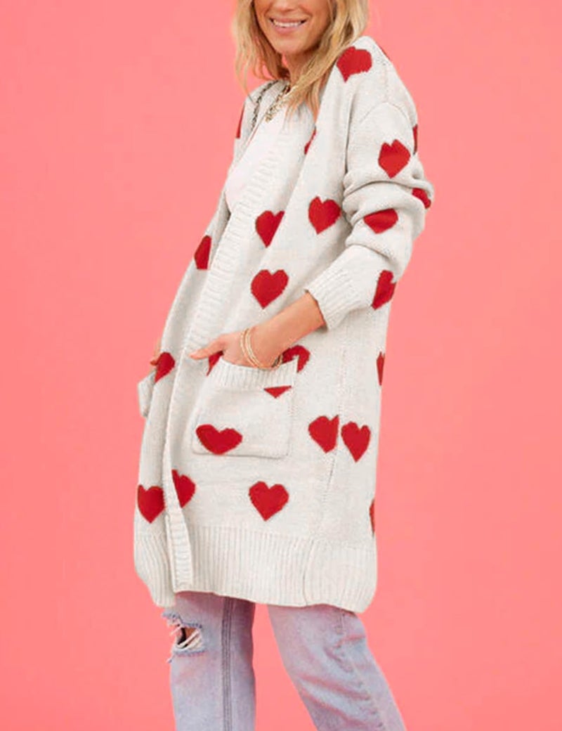 Yimoon Women Valentines Cardigan Sweater Love Heart Open Front Long Cardigan Oversized Chunky Knit Sweaters(Beige-L) - Image 3