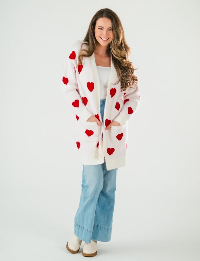 Yimoon Women Valentines Cardigan Sweater Love Heart Open Front Long Cardigan Oversized Chunky Knit Sweaters(Beige-L) - Image 5