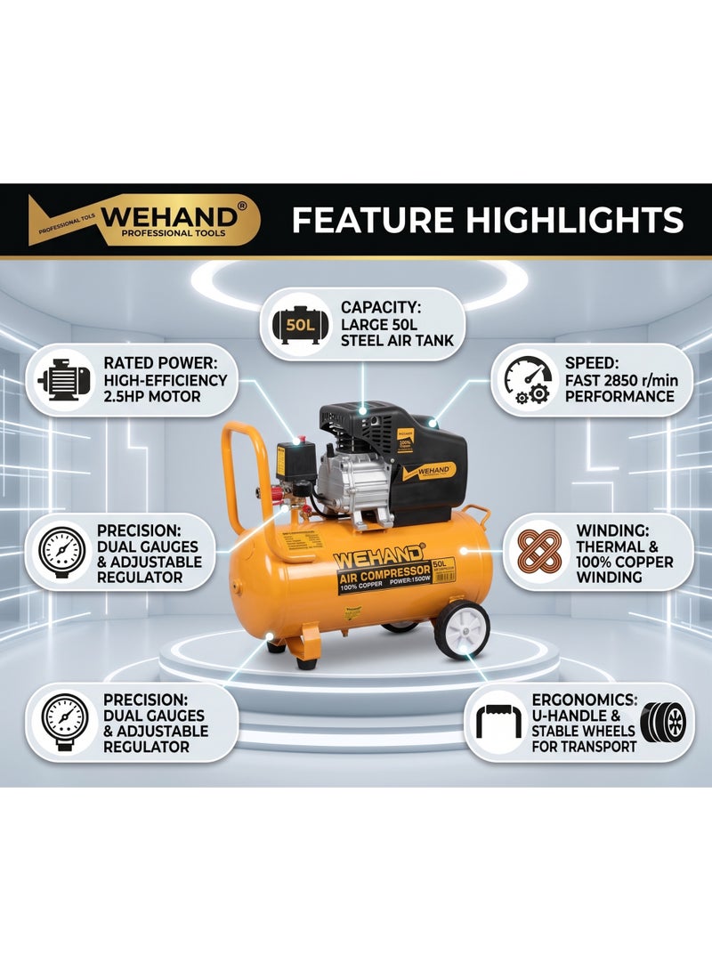 WEHAND 50L Electric Air Compressor – 2.5 HP Heavy Duty Portable Air Pump, 0.8 MPa (8 Bar) High Pressure 2880 RPM Power Tool for Pneumatic Spray Painting, Tyre Inflation, and Workshop Air Tools - Image 2