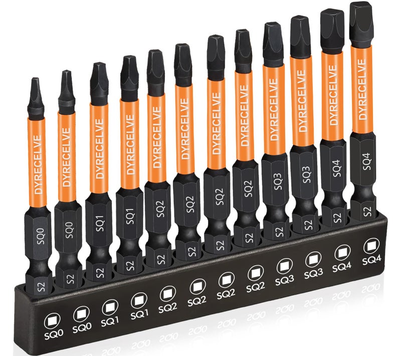 12Pack Square Drive Bits PREMIUM S2 Alloy Steel Square Bit Set Magnetic Heads Robertson Square Drill Bit Set Long 255 Hex Shank Square Head Screwdriver Sizes 0 1 2 3 and 4