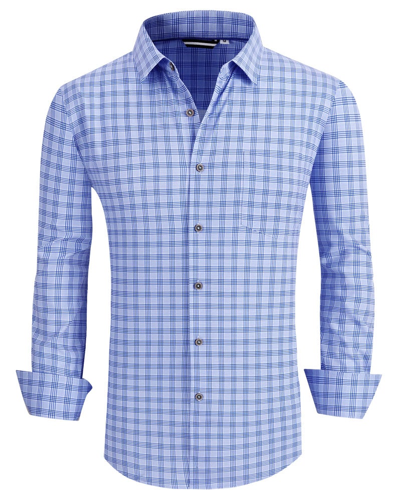 Alex Vando Mens Button Down Shirts Wrinkle Free 4-Way Stretch Print Business Casual Shirt,05 Blue Plaid,L - Image 1
