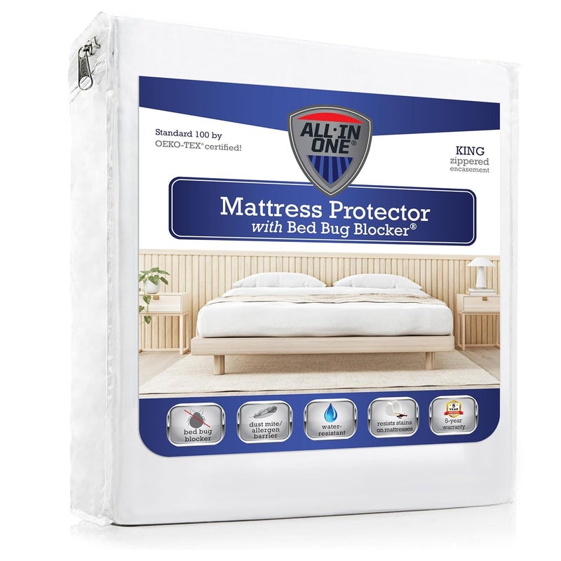Bed Bug Blocker All-in-One Mattress Protector, Zippered Encasement, Water & Stain Resistant, Triple Seal Protection, King, White - Image 1
