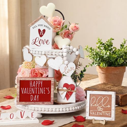 Yousoontic 8 Pcs Valentine Tiered Tray Decor Wooden Farmhouse Love Standing Tabletop Centerpiece Heart Bead Garland with Tassel Rustic Valentines Decorations for Neutral Home Table Desk Room - Image 1