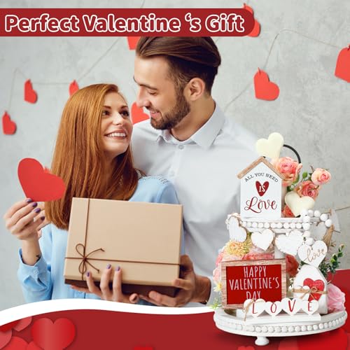Yousoontic 8 Pcs Valentine Tiered Tray Decor Wooden Farmhouse Love Standing Tabletop Centerpiece Heart Bead Garland with Tassel Rustic Valentines Decorations for Neutral Home Table Desk Room - Image 2