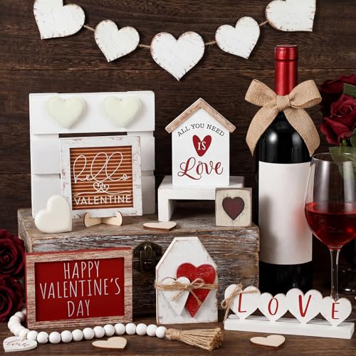 Yousoontic 8 Pcs Valentine Tiered Tray Decor Wooden Farmhouse Love Standing Tabletop Centerpiece Heart Bead Garland with Tassel Rustic Valentines Decorations for Neutral Home Table Desk Room - Image 5