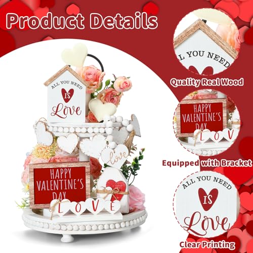Yousoontic 8 Pcs Valentine Tiered Tray Decor Wooden Farmhouse Love Standing Tabletop Centerpiece Heart Bead Garland with Tassel Rustic Valentines Decorations for Neutral Home Table Desk Room - Image 4