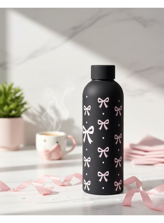 Double-walled stainless steel thermal water bottle with a Venukat embossed design, food-grade metal body thermal bottle for everyday use, 500ml capacity (black color) - Image 1